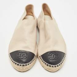Chanel Beige/Black Leather CC Cap Toe Espadrilles Flats Size 39