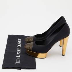 Pre Owned Chanel Black/Gold Satin, Lurex and Leather Cap Toe Block Heel Pumps Size 38.5