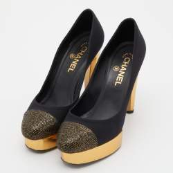 Pre Owned Chanel Black/Gold Satin, Lurex and Leather Cap Toe Block Heel Pumps Size 38.5