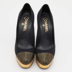 Pre Owned Chanel Black/Gold Satin, Lurex and Leather Cap Toe Block Heel Pumps Size 38.5