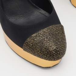 Pre Owned Chanel Black/Gold Satin, Lurex and Leather Cap Toe Block Heel Pumps Size 38.5