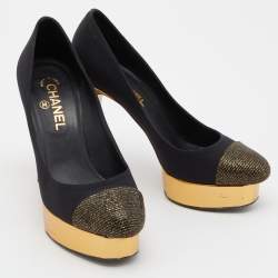 Pre Owned Chanel Black/Gold Satin, Lurex and Leather Cap Toe Block Heel Pumps Size 38.5