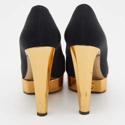 Pre Owned Chanel Black/Gold Satin, Lurex and Leather Cap Toe Block Heel Pumps Size 38.5