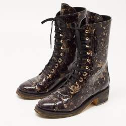 Chanel Black/Gold Textured Patent Leather Mid Calf Length Boots Size 39.5
