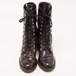 Chanel Black/Gold Textured Patent Leather Mid Calf Length Boots Size 39.5