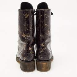 Chanel Black/Gold Textured Patent Leather Mid Calf Length Boots Size 39.5