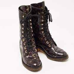 Chanel Black/Gold Textured Patent Leather Mid Calf Length Boots Size 39.5