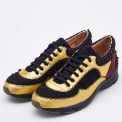 Pre Owned Chanel Multicolor Tweed,Leather and Suede CC Low-Top Sneakers Size 39