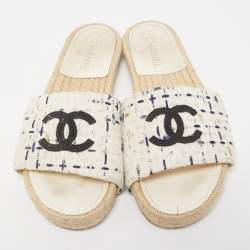 Chanel White/Navy Blue Tweed CC Espadrille Flat Slides Size 39