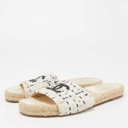 Chanel White/Navy Blue Tweed CC Espadrille Flat Slides Size 39