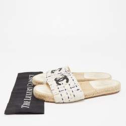 Chanel White/Navy Blue Tweed CC Espadrille Flat Slides Size 39