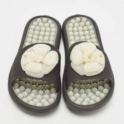 Pre Owned Chanel Black Rubber CC Camellia Flat Slides Size 40