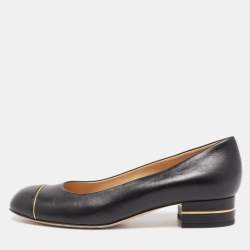 Pre Owned Chanel Black Leather CC Cap Toe Ballet Flats Size 38.5
