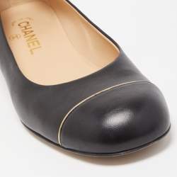 Pre Owned Chanel Black Leather CC Cap Toe Ballet Flats Size 38.5