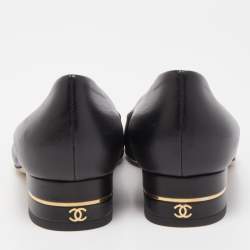 Pre Owned Chanel Black Leather CC Cap Toe Ballet Flats Size 38.5