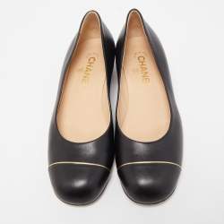 Pre Owned Chanel Black Leather CC Cap Toe Ballet Flats Size 38.5