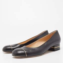 Pre Owned Chanel Black Leather CC Cap Toe Ballet Flats Size 38.5