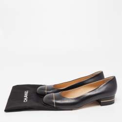 Pre Owned Chanel Black Leather CC Cap Toe Ballet Flats Size 38.5