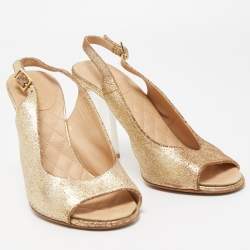 Chanel Gold Crackled Leather Glitter CC Lucite Heel Peep Toe Slingback Sandals Size 39