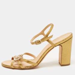Chanel Gold Snakeskin Embossed Leather Embellished Bow Detail Ankle Strap Sandals Size 42