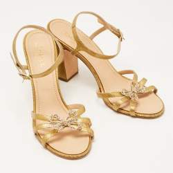 Chanel Gold Snakeskin Embossed Leather Embellished Bow Detail Ankle Strap Sandals Size 42