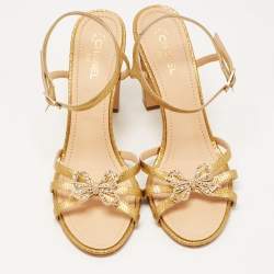 Chanel Gold Snakeskin Embossed Leather Embellished Bow Detail Ankle Strap Sandals Size 42