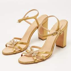 Chanel Gold Snakeskin Embossed Leather Embellished Bow Detail Ankle Strap Sandals Size 42