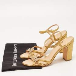 Chanel Gold Snakeskin Embossed Leather Embellished Bow Detail Ankle Strap Sandals Size 42