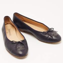 Chanel Dark Blue Caviar Leather CC Bow Ballet Flats Size 39.5