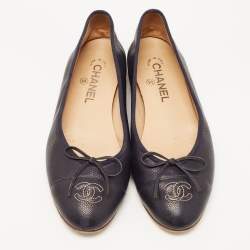Chanel Dark Blue Caviar Leather CC Bow Ballet Flats Size 39.5