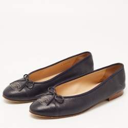 Chanel Dark Blue Caviar Leather CC Bow Ballet Flats Size 39.5