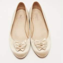 Pre Owned Chanel Beige Satin CC Embellished Bow Ballet Flats Size 38.5