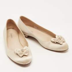 Pre Owned Chanel Beige Satin CC Embellished Bow Ballet Flats Size 38.5