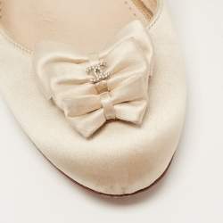 Pre Owned Chanel Beige Satin CC Embellished Bow Ballet Flats Size 38.5