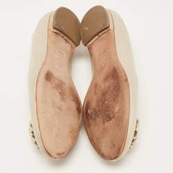 Pre Owned Chanel Beige Satin CC Embellished Bow Ballet Flats Size 38.5