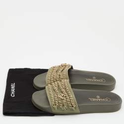 Chanel Green Canvas Tropiconic Chain Slides Flats Size 39