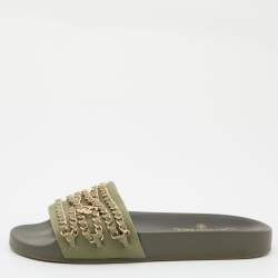 Chanel Green Canvas Tropiconic Chain Slides Flats Size 39