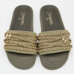 Chanel Green Canvas Tropiconic Chain Slides Flats Size 39