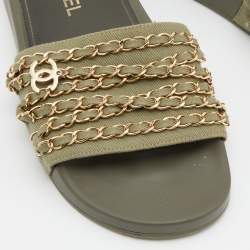 Chanel Green Canvas Tropiconic Chain Slides Flats Size 39
