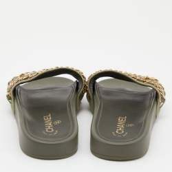 Chanel Green Canvas Tropiconic Chain Slides Flats Size 39