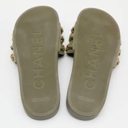 Chanel Green Canvas Tropiconic Chain Slides Flats Size 39