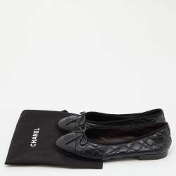 Pre Owned Chanel Black Leather Bow CC Cap Toe Ballet Flats Size 36.5