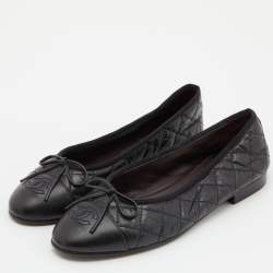 Pre Owned Chanel Black Leather Bow CC Cap Toe Ballet Flats Size 36.5