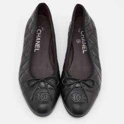 Pre Owned Chanel Black Leather Bow CC Cap Toe Ballet Flats Size 36.5