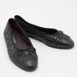 Pre Owned Chanel Black Leather Bow CC Cap Toe Ballet Flats Size 36.5