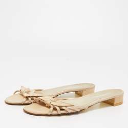Pre Owned Chanel Beige Fabric CC Bow Strappy Flat Slides Size 38