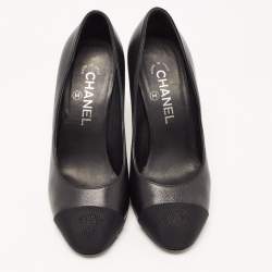 Pre Owned Chanel Black Leather and Canvas Faux Pearl CC Cap Toe Pumps Size 37.5