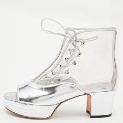 Chanel Silver Leather and PVC Open Toe Platform Ankle Booties Size 40
