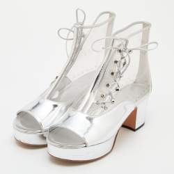 Chanel Silver Leather and PVC Open Toe Platform Ankle Booties Size 40