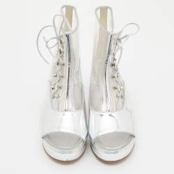 Chanel Silver Leather and PVC Open Toe Platform Ankle Booties Size 40